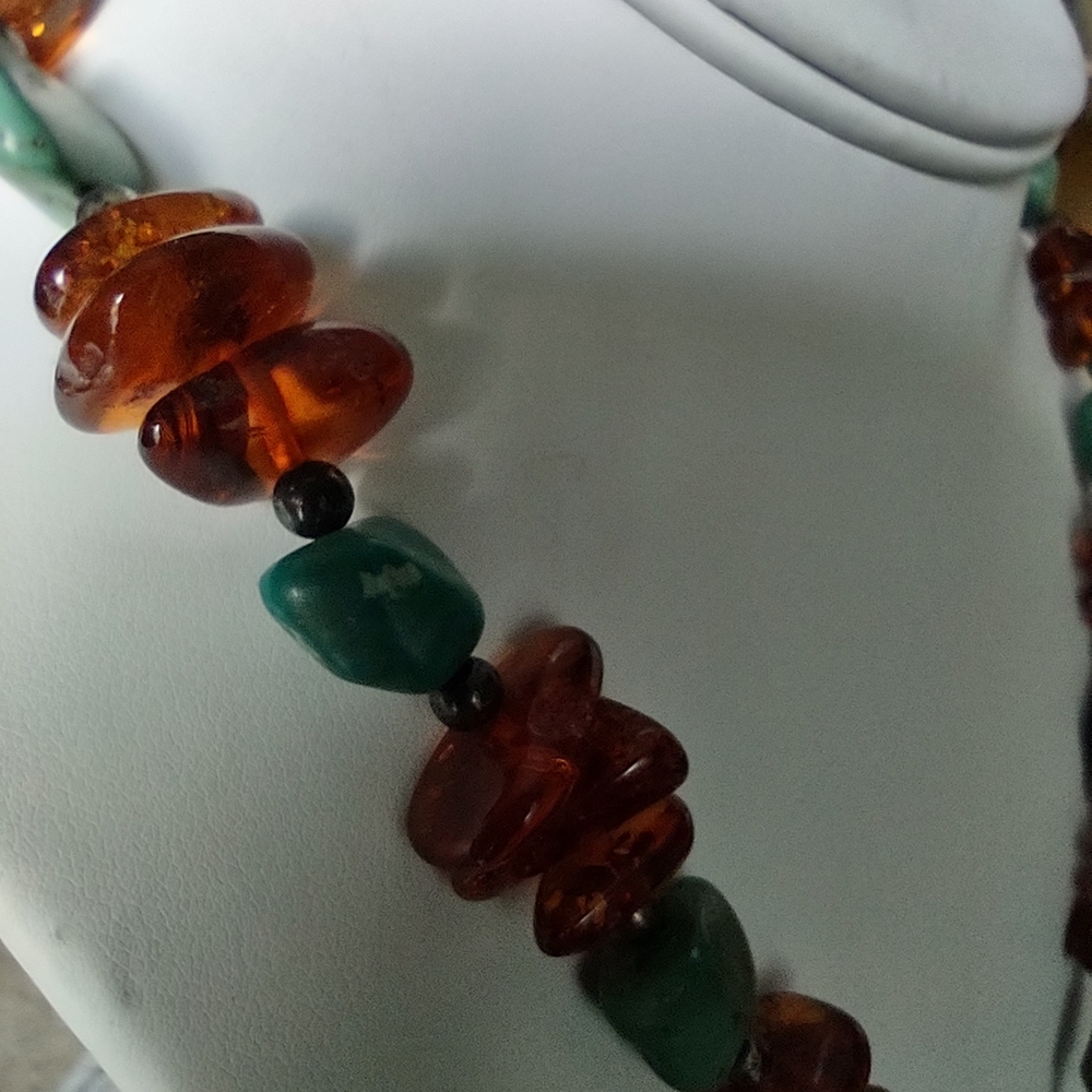 Enormous Turquoise and Amber Pendant Necklace - Statement Piece - Very Heavy - Picture 8 of 16